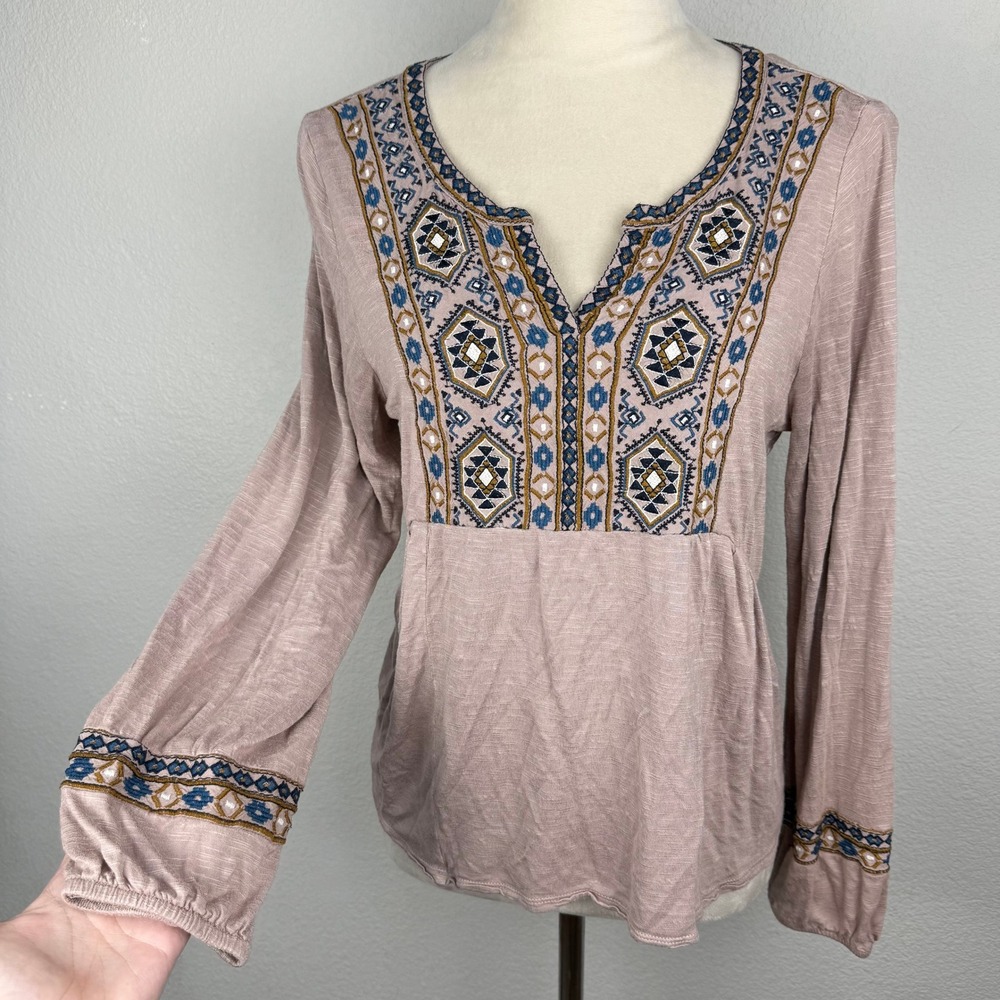 Bob Timberlake Womens Boho Mauve Embroidered Long Sleeve Blouse Size Small